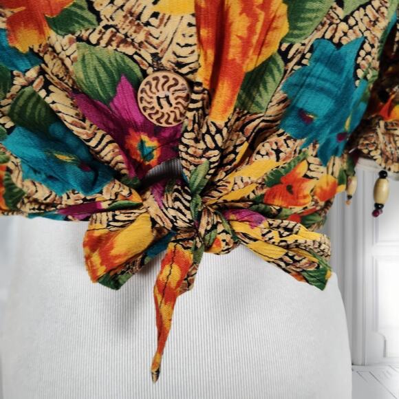 Vintage 90s Carole Little Beaded Floral Rayon Top Mexico Boho Festival Blouse - Picture 8 of 16